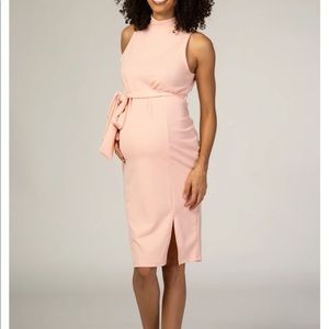 Light Pink Sash Tie Mock Neck Fitted Dress
